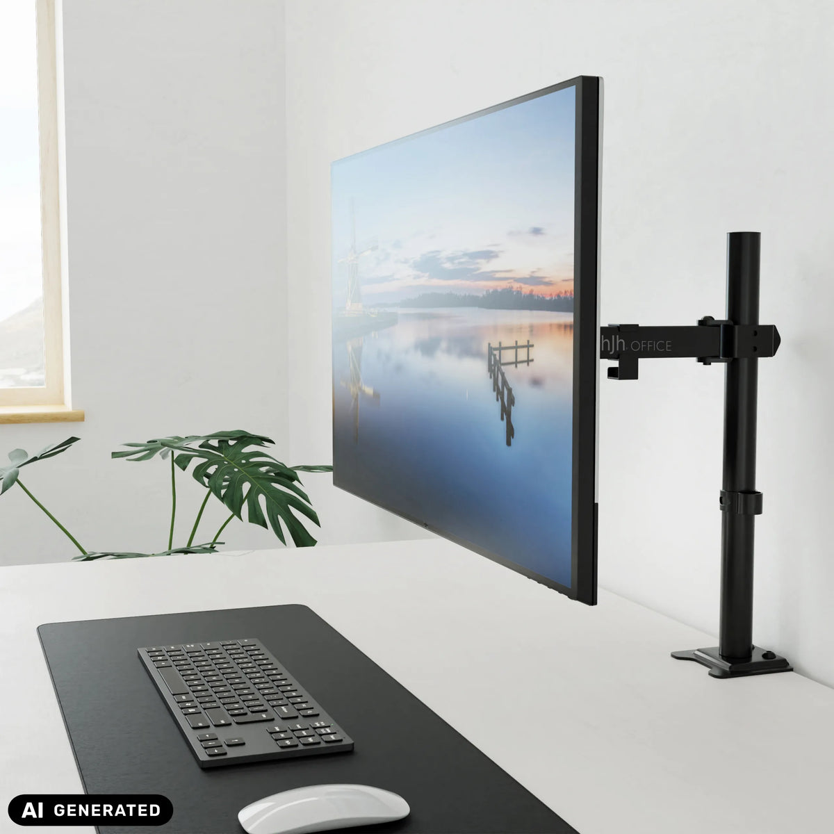 Zwarte Ergomount M1 monitorsteun met een bevestigd scherm aan een bureau van hjh OFFICE (AI-gegenereerde afbeelding)