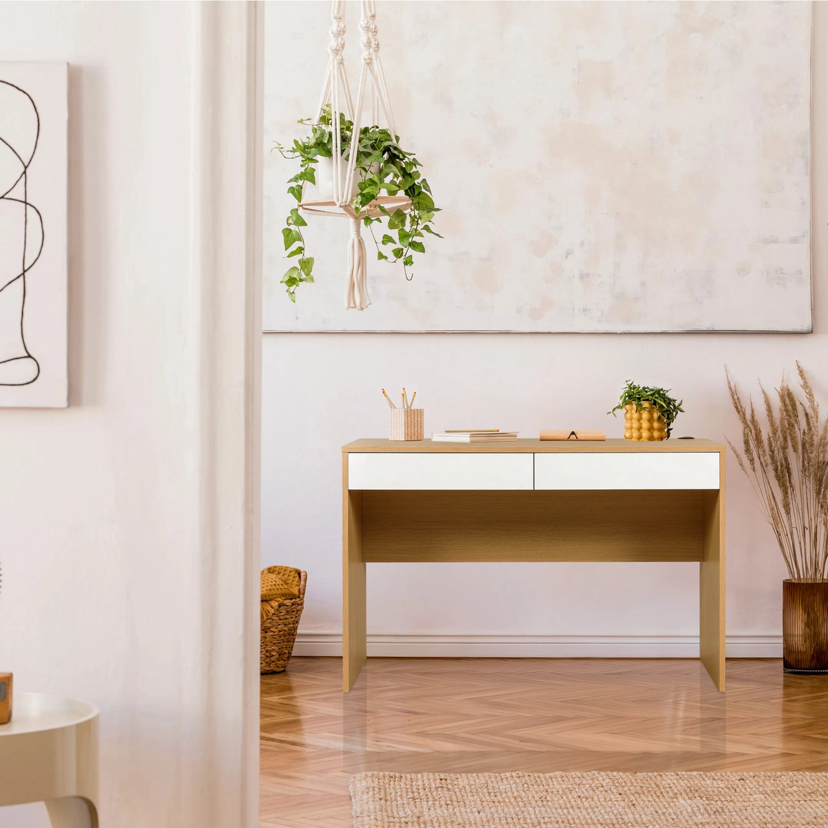 Bureau BERGA in wit en eiken met twee laden van hjh LIVING