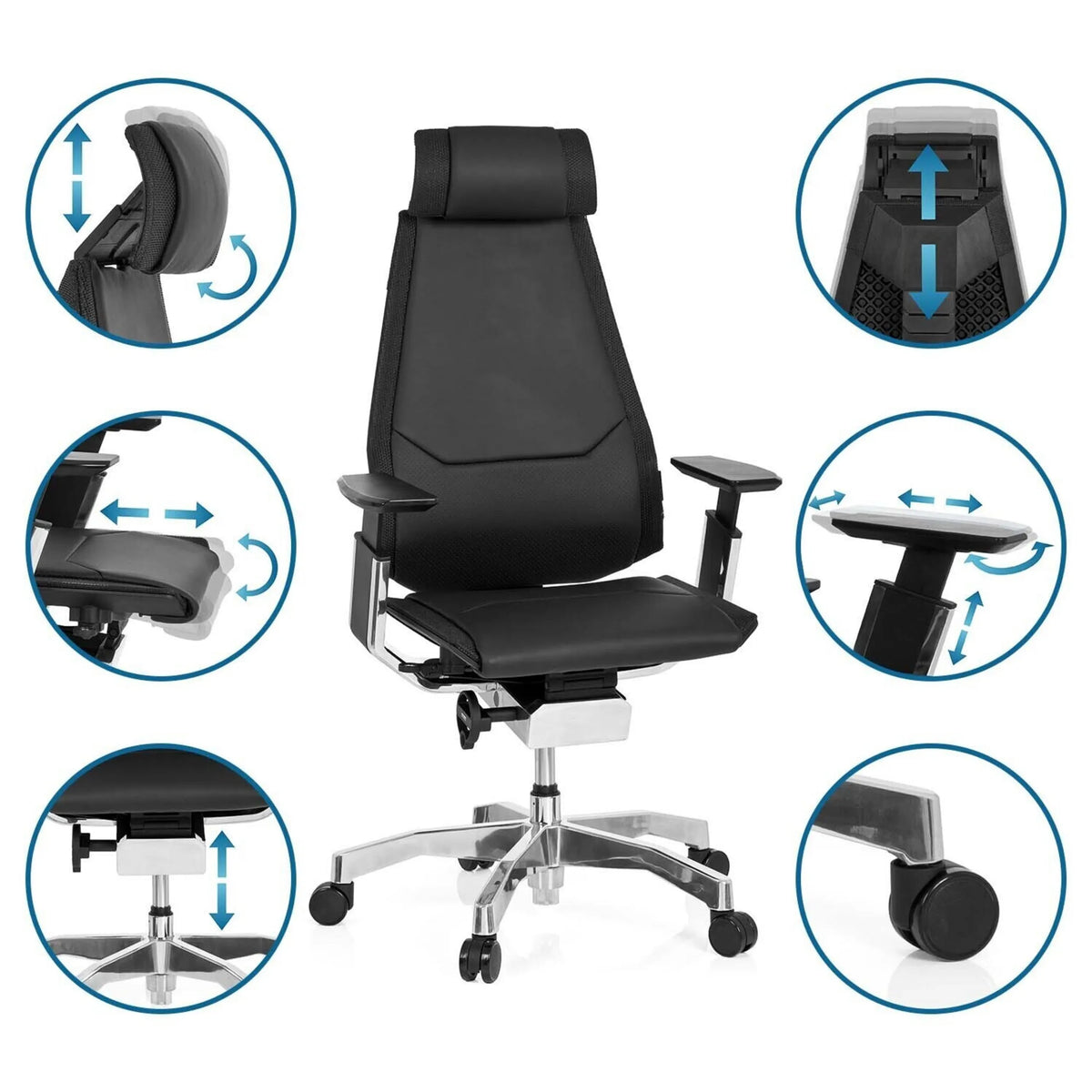 Verstelbare functies van de High end bureaustoel GENIDIA PRO in zwart leder van hjh OFFICE