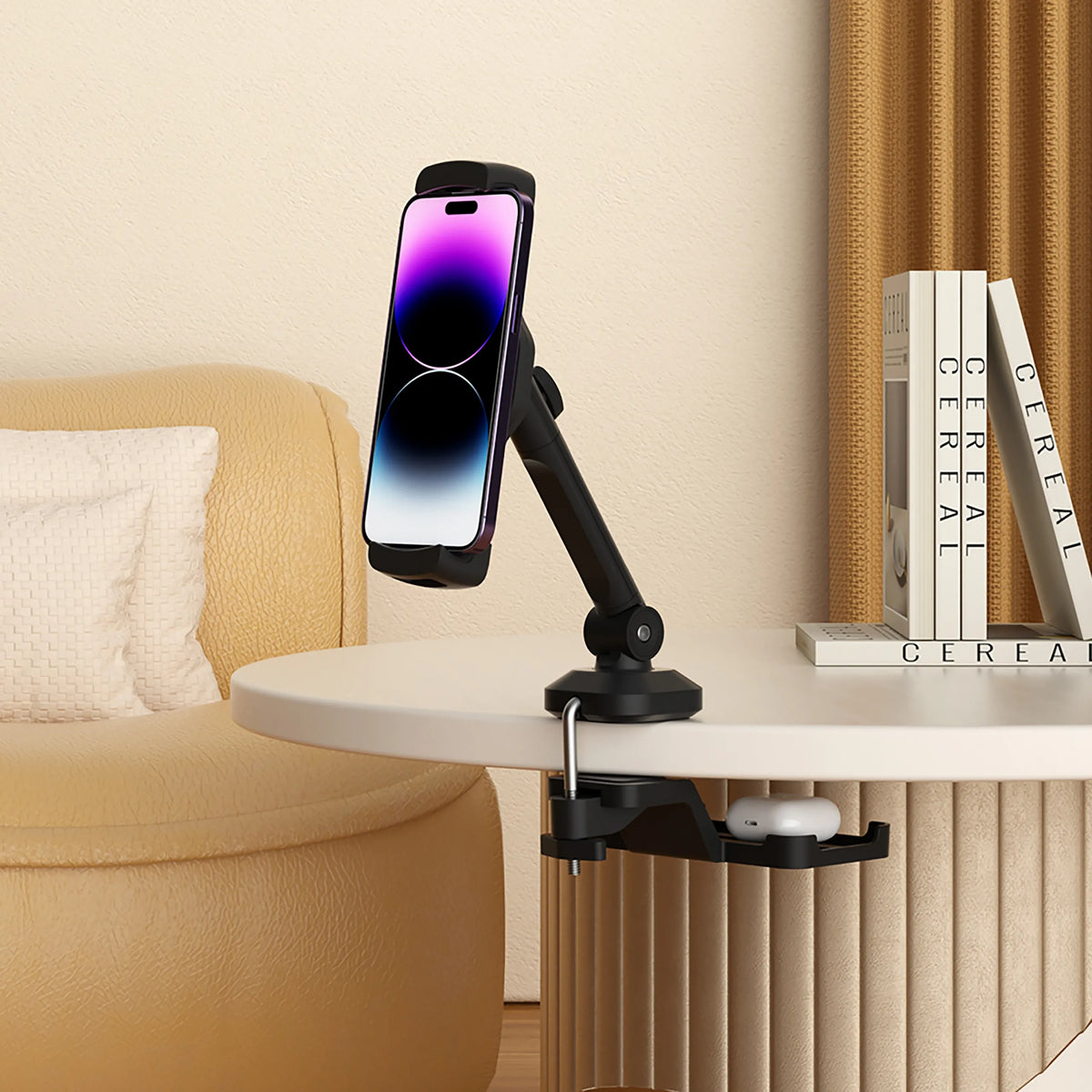 Zwarte houder voor mobiele telefoon & tablet FLEXMOBI III met flexibele klem en plateau van hjh OFFICE