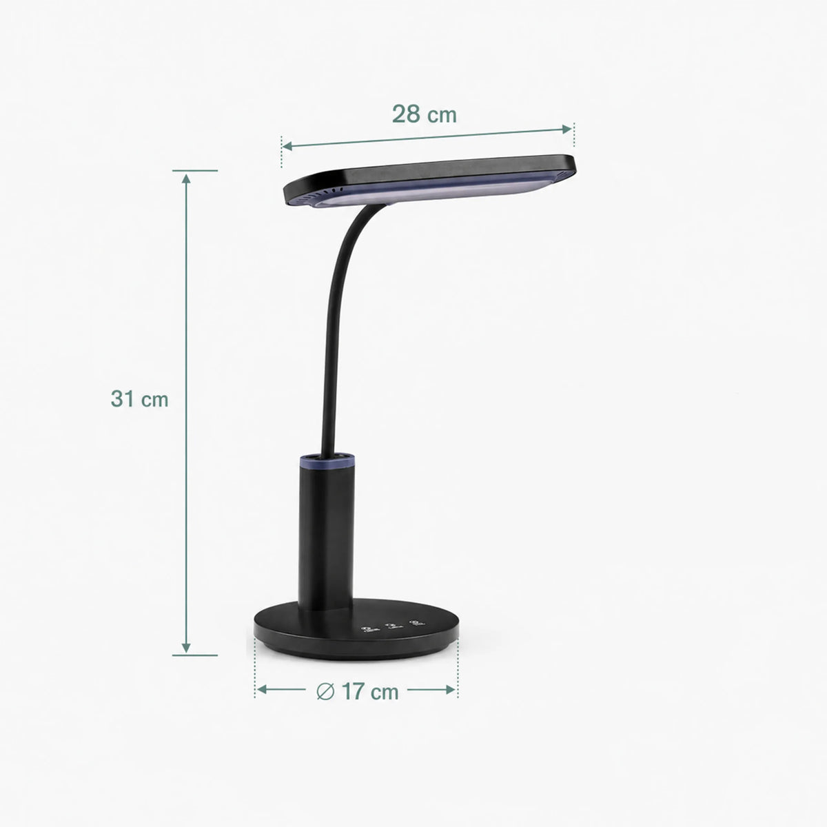 Maattekening van de Lumanova D4 bureaulamp met een hoogte van 31 cm en een breedte van 28 cm van hjh OFFICE