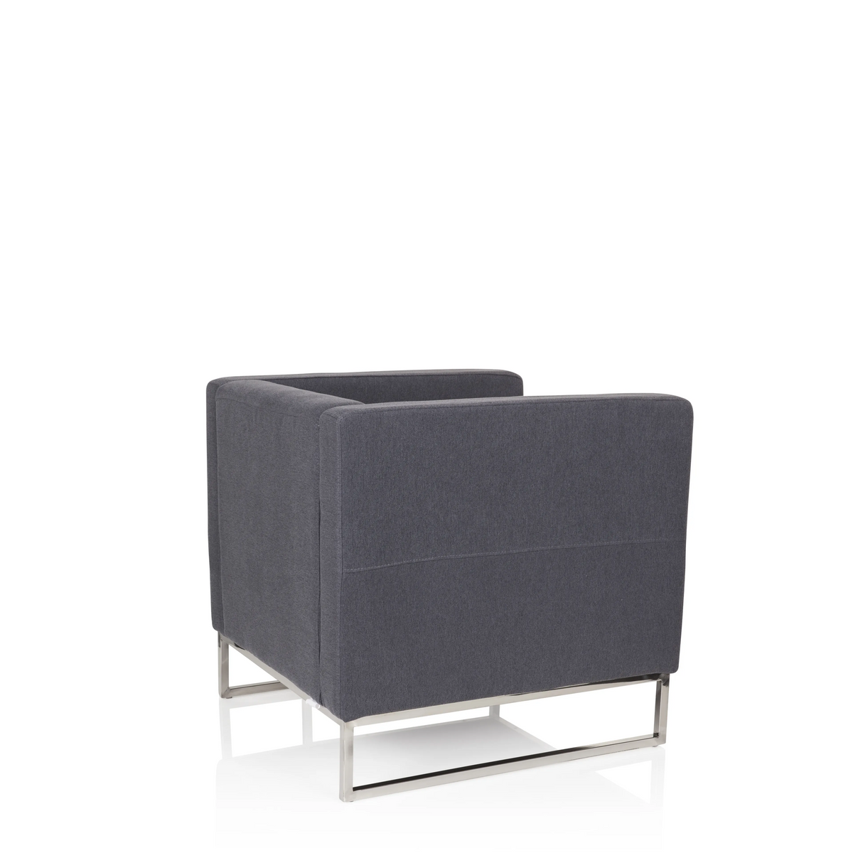 Donkergrijze Gestoffeerde fauteuil BARBADOS met vierkant design en metalen frame van hjh OFFICE – 360-gradenweergave (schuin achteraanzicht 120°)