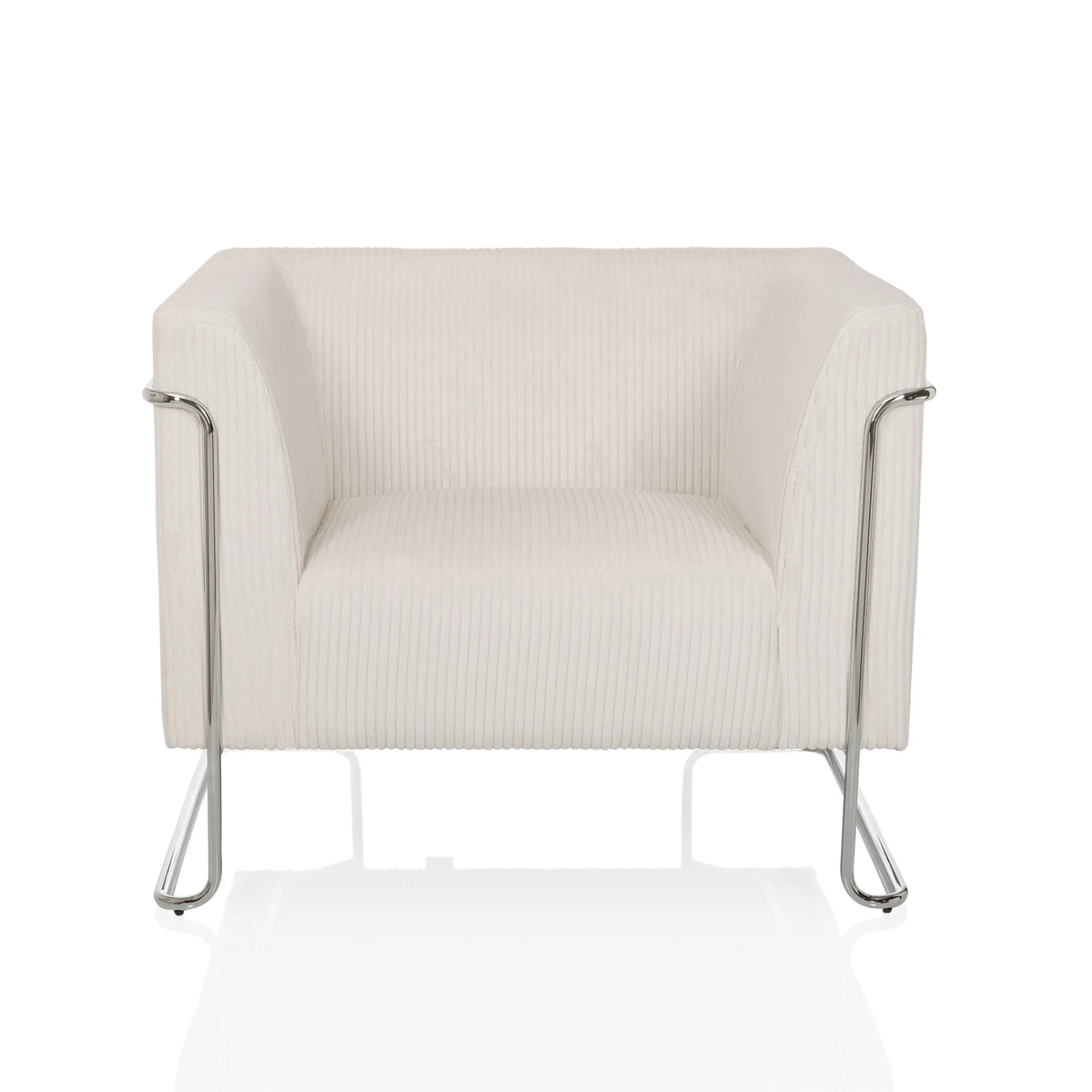 Witte lounge stoel Curacao Cord met geribbelde bekleding en verchroomd frame van hjh LIVING – 360-gradenweergave (vooraanzicht 0°)