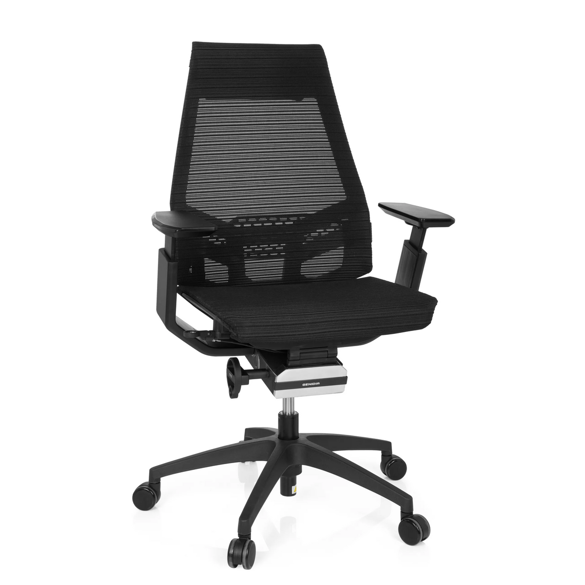Zwarte Professionele bureaustoel GENIDIA SMART BLACK met netrugleuning en vijfpoot met wieltjes van hjh OFFICE – 360-gradenweergave (vooraanzicht 20°)