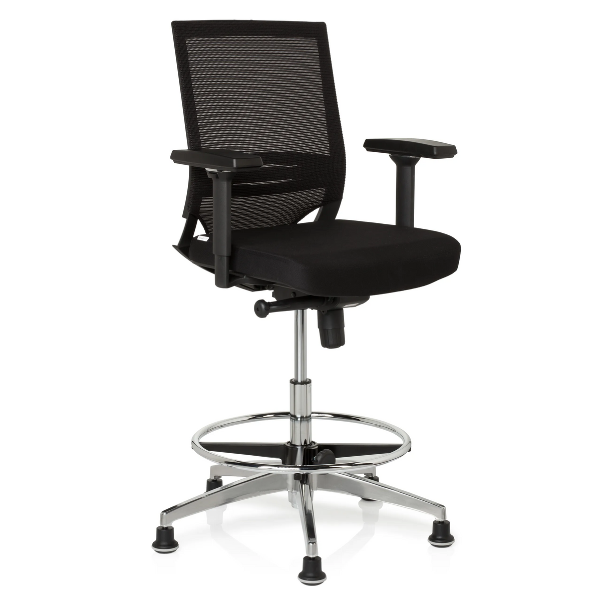 Zwarte Baliestoel TOP WORK 77 met netrug, voetring en vijf glijders van hjh OFFICE – 360-gradenweergave (schuin vooraanzicht 40°)