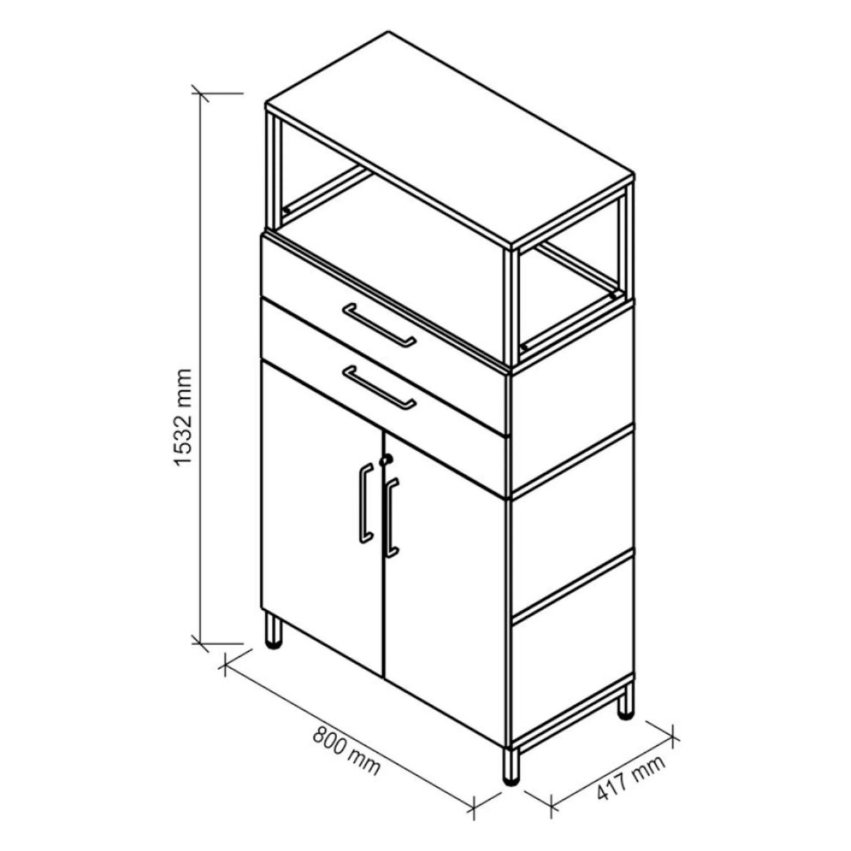 Technische tekening van de FlexWall kast met 1532 × 800 mm van hjh OFFICE PRO