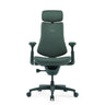 High end bureaustoel LiberNovo Omni met groene stoffen bekleding, hoofdsteun en armleuningen van Libernovo
