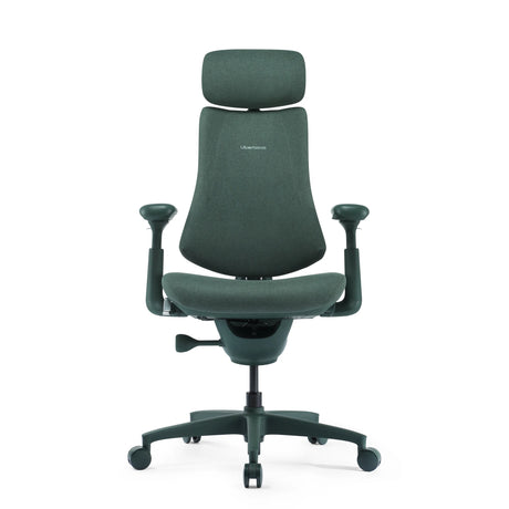 High end bureaustoel LiberNovo Omni met groene stoffen bekleding, hoofdsteun en armleuningen van Libernovo