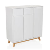 Witte commode ESTHA met twee laden, drie deuren en lichte houten poten van hjh LIVING – 360-gradenweergave (schuin vooraanzicht 30°)