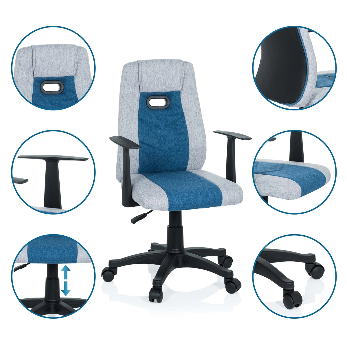 Kinder bureaustoel KIDDY EXTRA in grijs-blauw met detailopnamen van armleuning, gasveer en wieltjes van hjh OFFICE