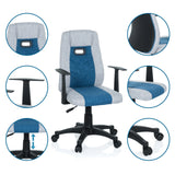Kinder bureaustoel KIDDY EXTRA in grijs-blauw met detailopnamen van armleuning, gasveer en wieltjes van hjh OFFICE