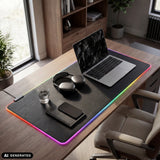 Padflux Game bureau-onderlegger in zwart met gekleurde RGB-lichtstrip aan de rand van hjh OFFICE (AI-gegenereerde afbeelding)