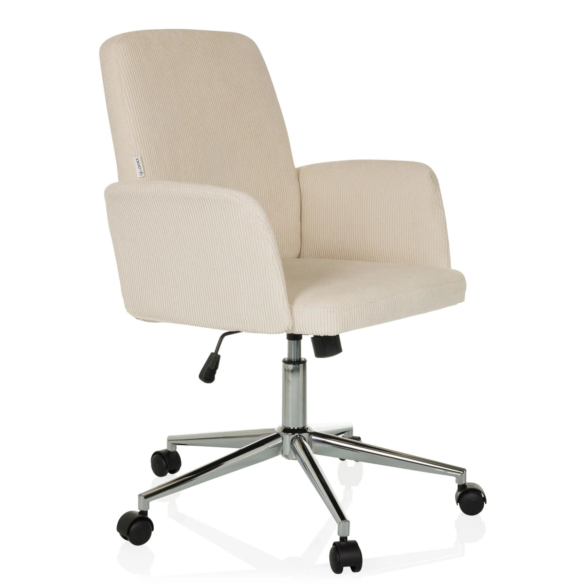 Beige Thuisgebruik bureaustoel SOLAO CORD met geribbelde bekleding en vijfpoot met wieltjes van hjh OFFICE – 360-gradenweergave (schuin vooraanzicht 45°)