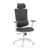 Grauer Homeoffice-Bürostuhl ERGOMY WF mit Stoffbezug, weißem Rahmen und Fußkreuz mit fünf Rollen von MyBuero – 360-Grad-Ansicht (schräge Frontansicht 30°)