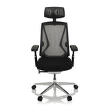 Zwarte High end bureaustoel INSPERO met netrug, hoofdsteun en vijfpoot met wieltjes van hjh OFFICE – 360-gradenweergave (vooraanzicht 0°)