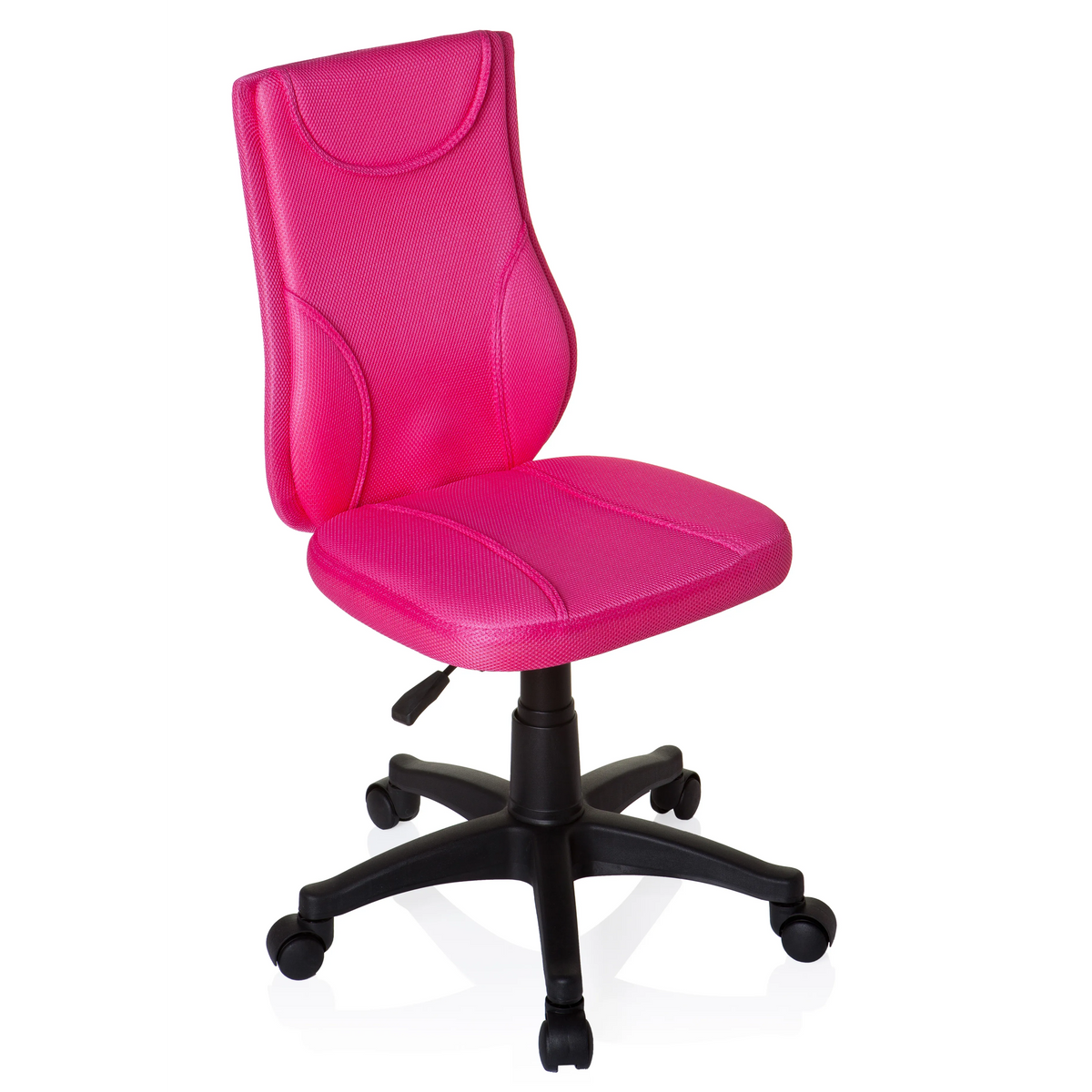 Pinker Kinderdrehstuhl KIDDY BASE mit Netzrücken und schwarzem Fußkreuz mit fünf Rollen von hjh OFFICE – 360-Grad-Ansicht (schräge Frontansicht 40°)