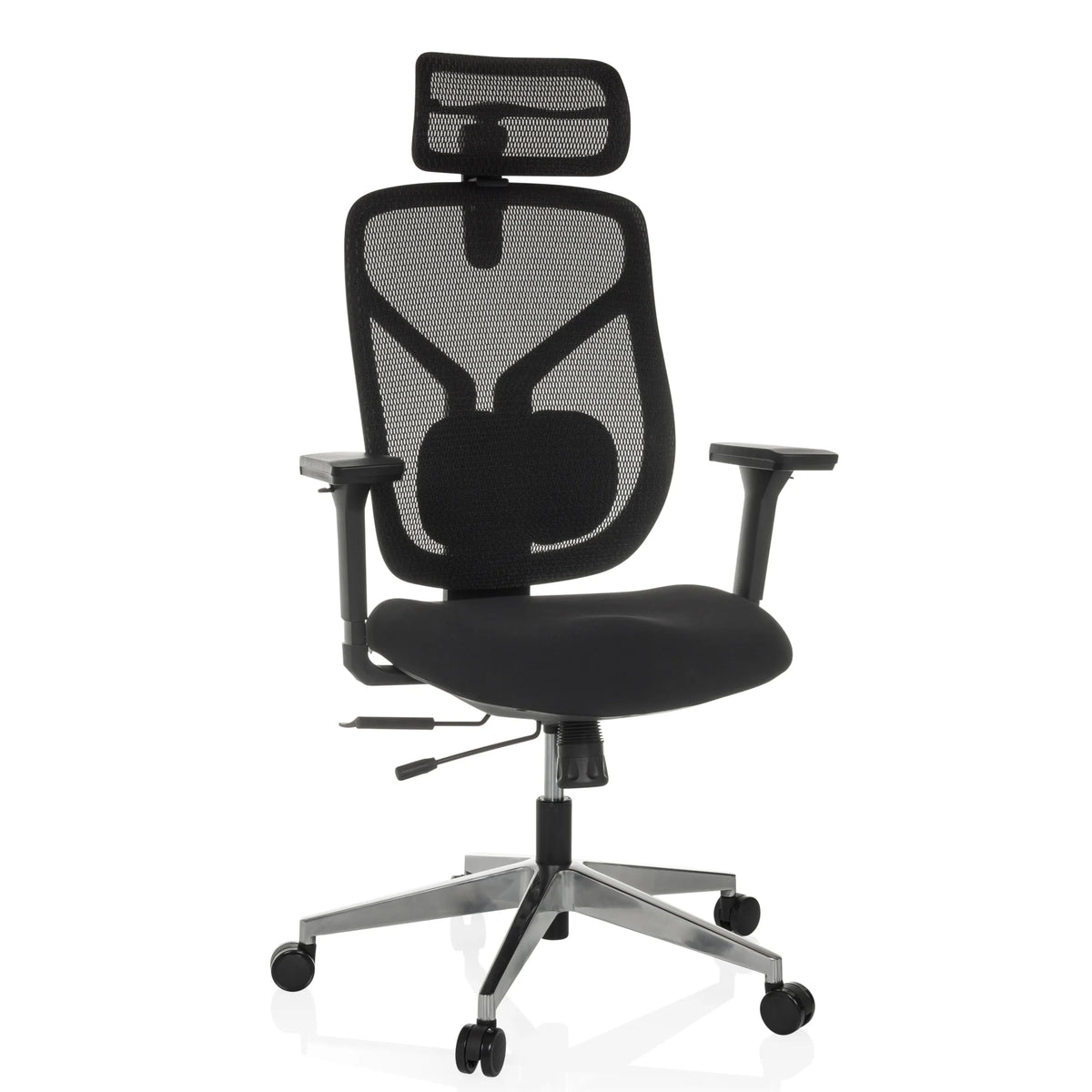 Zwarte High end bureaustoel CASSILIS B met netrugleuning en vijfpoot met wielen van hjh OFFICE – 360-gradenweergave (vooraanzicht 15°)