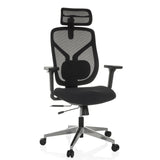 Zwarte High end bureaustoel CASSILIS B met netrugleuning en vijfpoot met wielen van hjh OFFICE – 360-gradenweergave (vooraanzicht 15°)