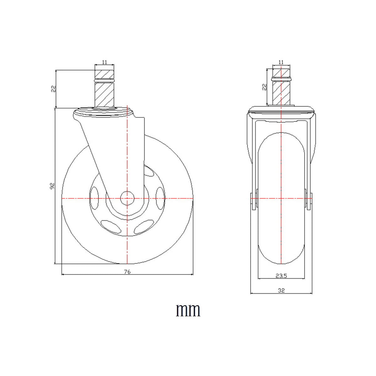 Technische tekening van de Bureaustoelwielen 5x ROLO SKATE ST 11mm/75mm met een diameter van 76 mm van hjh OFFICE