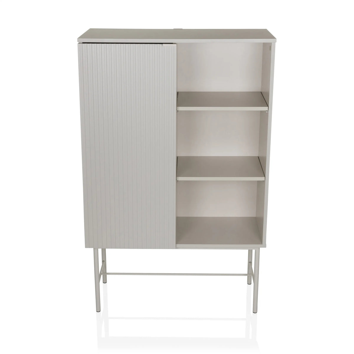 Grijze Plank SIO met een geribbeld deurvak, twee open planken en frame van hjh LIVING – 360-gradenweergave (vooraanzicht 0°)