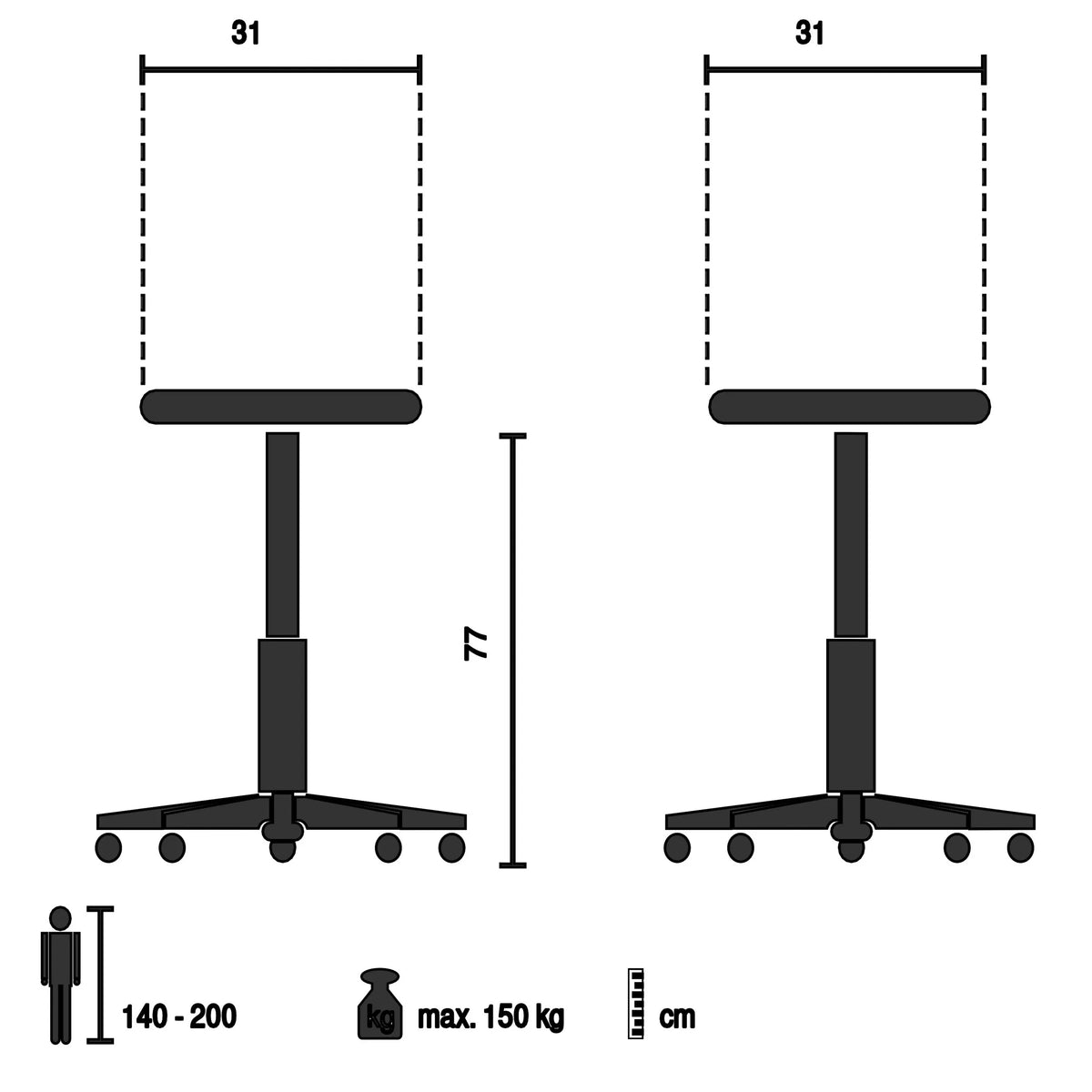 Technische tekening van de Barkruk VANTAGGIO HIGH WS met 31 × 77 cm en max. draagvermogen 150 kg van hjh OFFICE