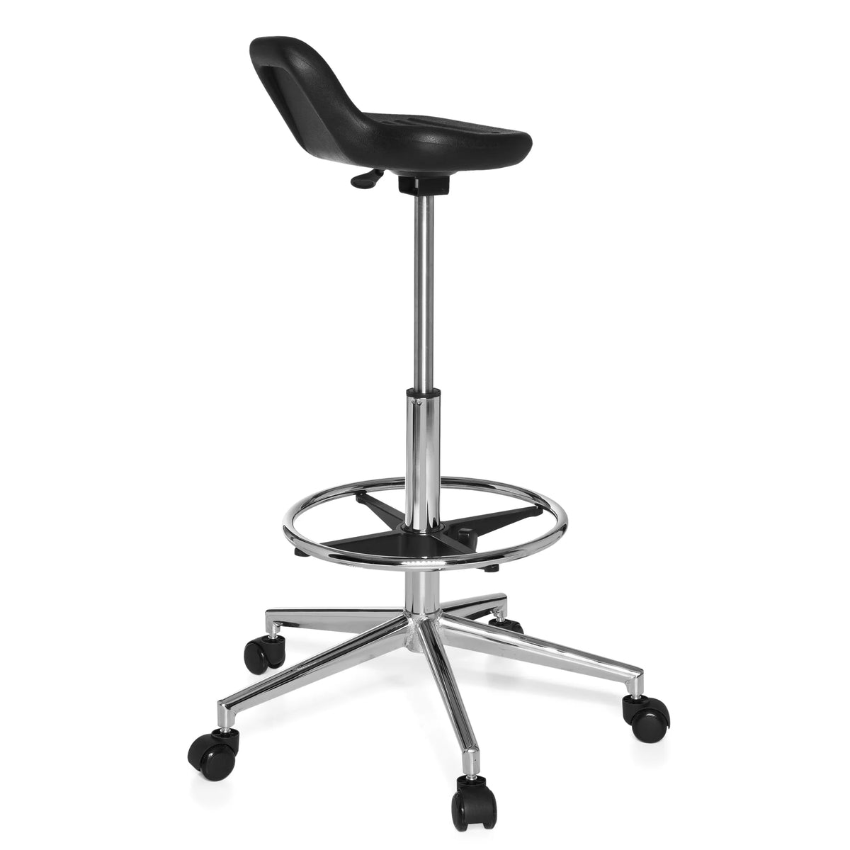 Zwarte Draaikruk TOP WORK 03 met voetring en vijfpoot met zwenkwielen van hjh OFFICE – 360-gradenweergave (schuin achteraanzicht 120°)