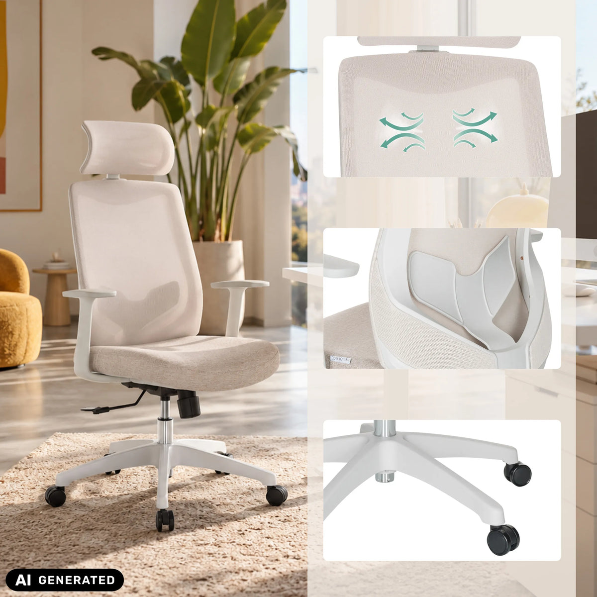 Beige Thuisgebruik bureaustoel MIKEO W met netrugleuning en hoofdsteun aan een bureau van hjh OFFICE