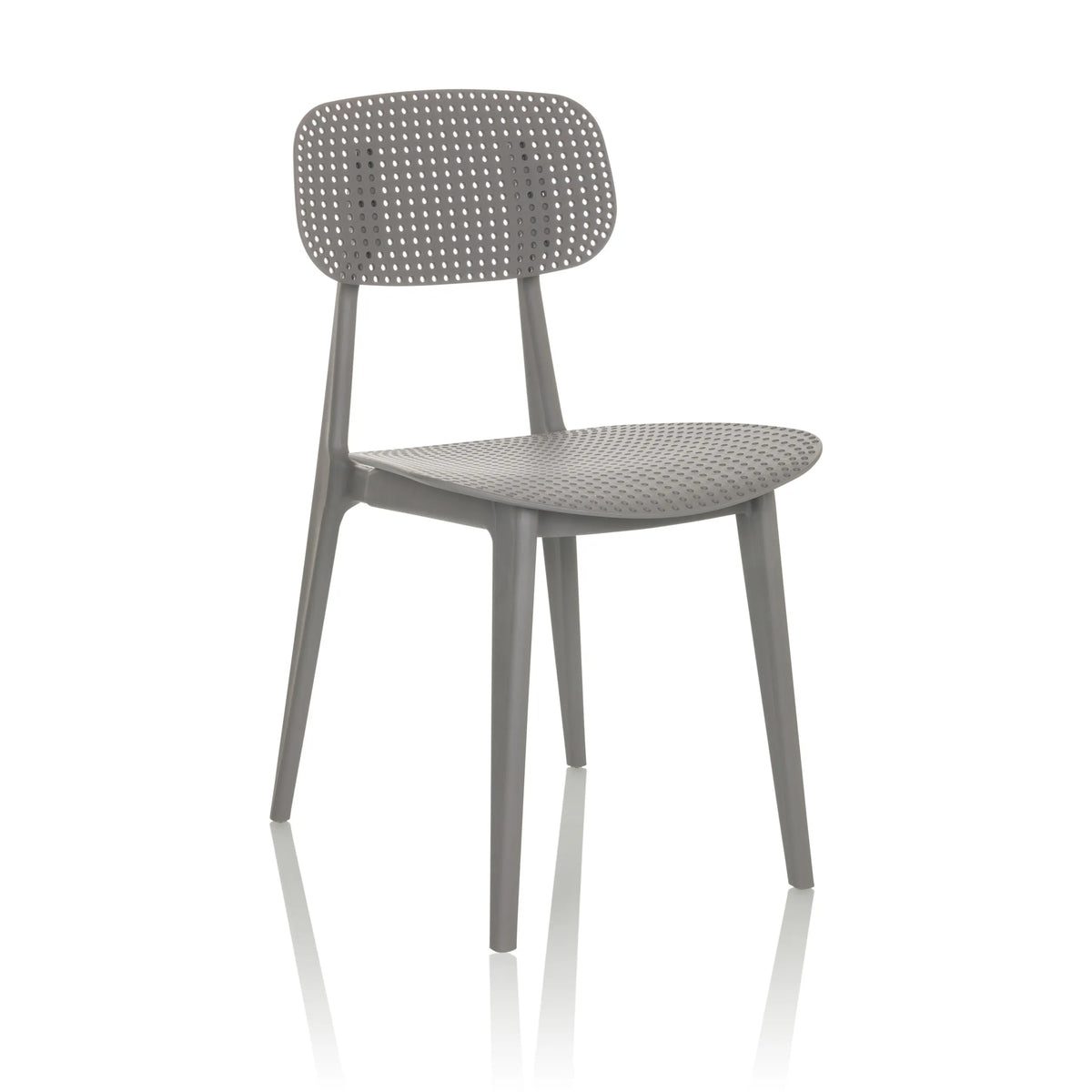 Grijze Outdoor stoel ARTIFO HOL met geperforeerde rugleuning en zitting van hjh OFFICE – 360-gradenweergave (schuin vooraanzicht 30°)