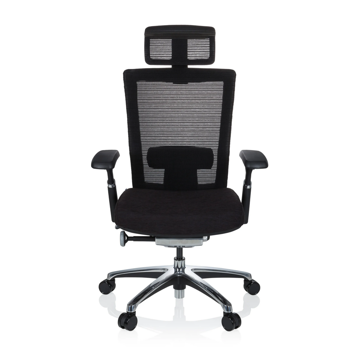 Zwarte High end bureaustoel NOVA PRO I met netrug en vijfster-onderstel met wielen van hjh OFFICE – 360-gradenweergave (vooraanzicht 0°)