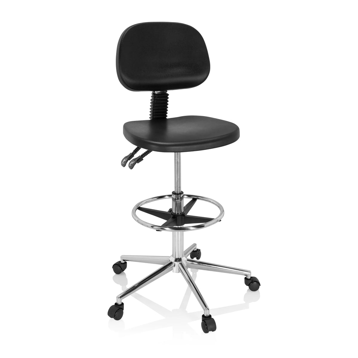 Zwarte Baliestoel TOP WORK 24 I met voetring en vijfpootkruis met zwenkwielen van hjh OFFICE – 360-gradenweergave (vooraanzicht 20°)