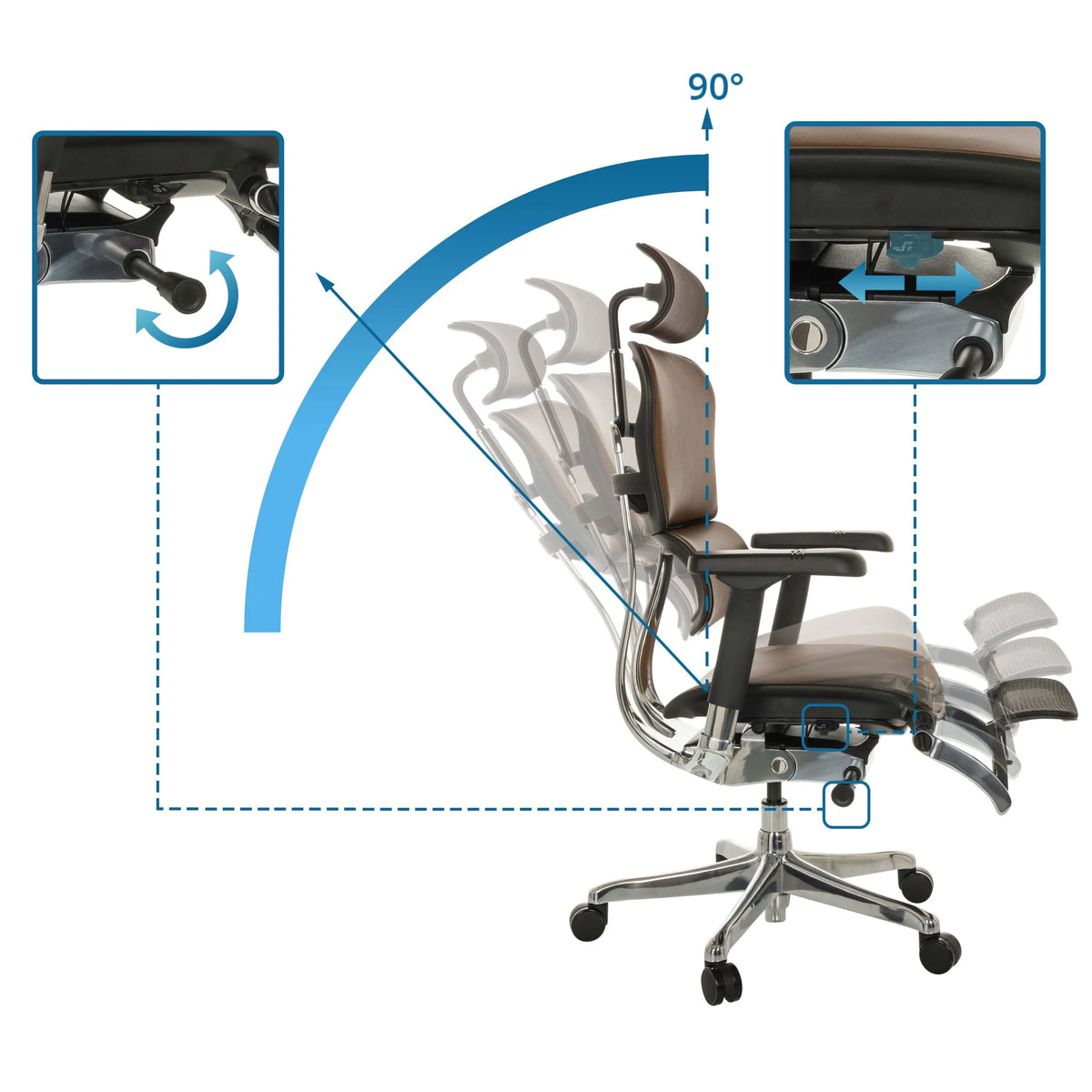 Verstelbare rugleuning met 90 graden helling van de Luxe directiestoel ERGOHUMAN PLUS LEGPRO GEN2 van hjh OFFICE