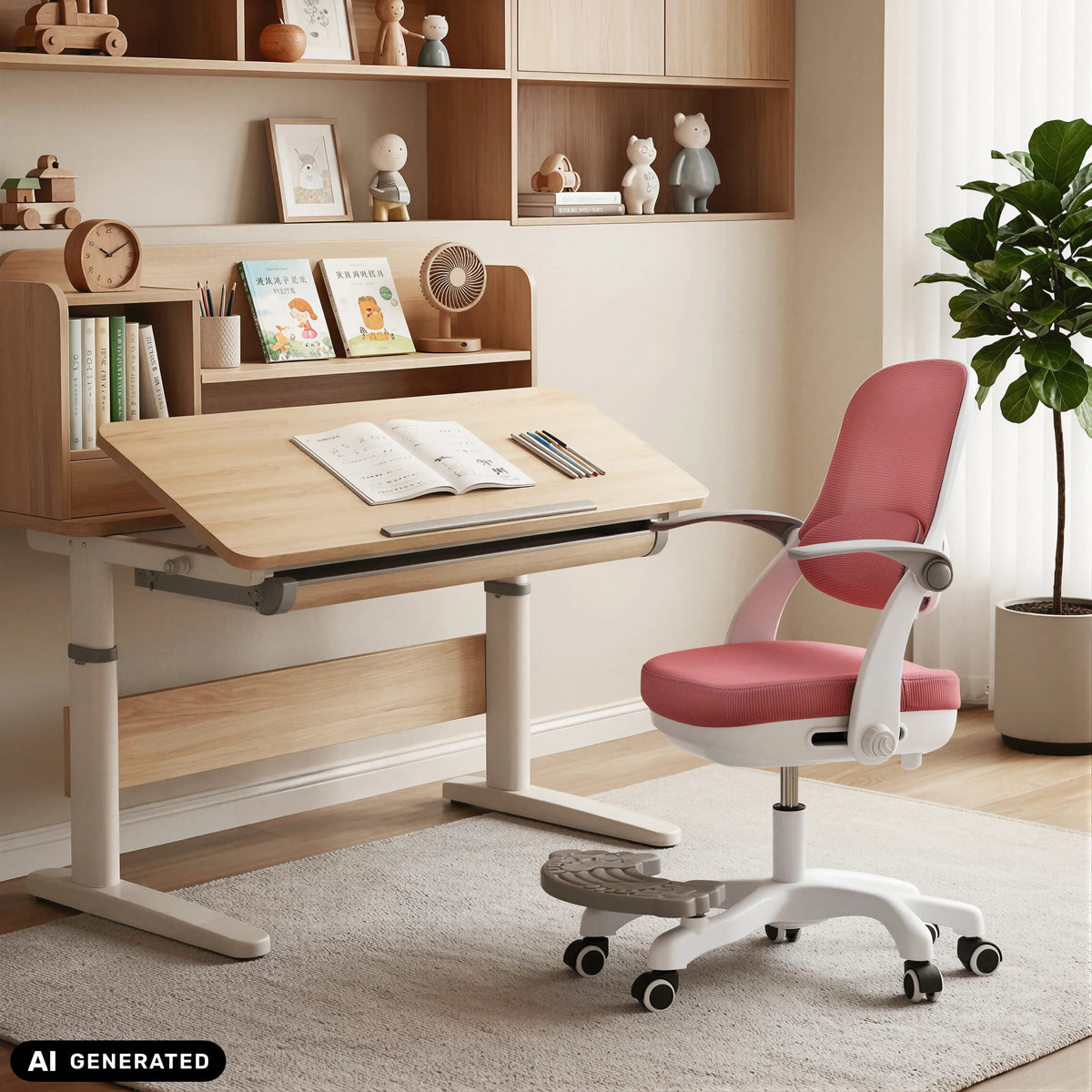 Roze kinder bureaustoel Kiddy Smart Step aan een in hoogte verstelbaar bureau van hjh OFFICE (AI-gegenereerde afbeelding)