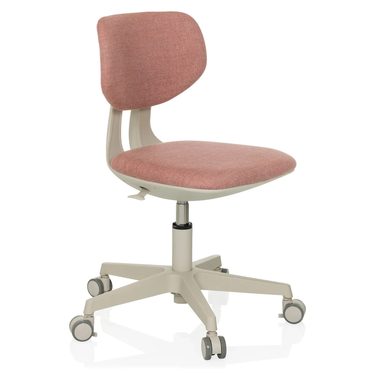 Roze Kinder bureaustoel KIDDY CLASSIC met gewatteerde zitting en vijfpotig kruis met wielen van hjh OFFICE – 360-gradenweergave (schuin vooraanzicht 45°)