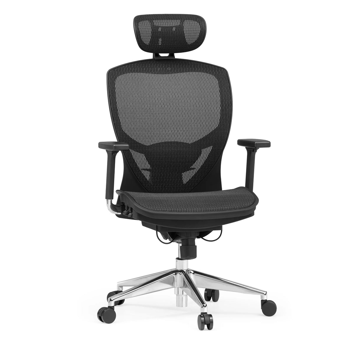 Zwarte High end bureaustoel VENUS ONE met netrug en vijfpoot met zwenkwielen van hjh OFFICE – 360-gradenweergave (vooraanzicht 15°)