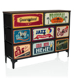 Commode AMERIKO B met zes kleurrijk bedrukte vintage lades en zwarte poten van hjh LIVING – 360-gradenweergave (schuin vooraanzicht 30°)