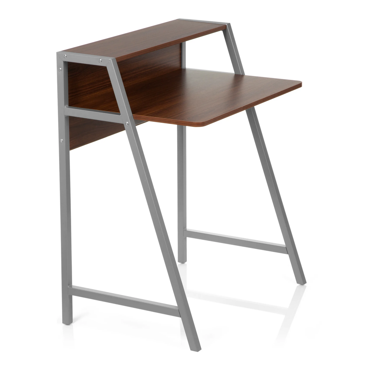 Walnootkleurig Bureau DUMONT met zilverkleurig onderstel en opzetstuk van hjh OFFICE – 360-gradenweergave (schuin vooraanzicht 60°)