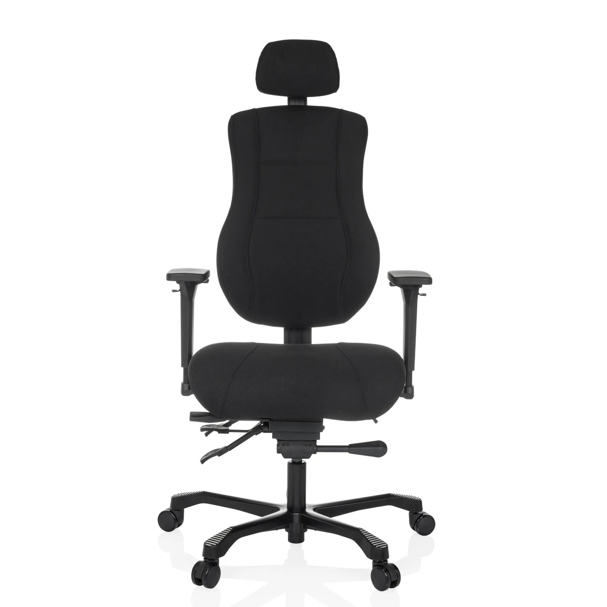 Zwarte XXL bureaustoel 24 HOURS BASIC met hoofdsteun en voetkruis met vijf wielen van hjh OFFICE – 360-gradenweergave (vooraanzicht 0°)