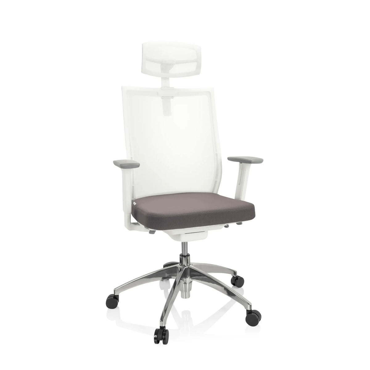 Grijs-witte Professionele bureaustoel ASPEN WHITE PRO met netrug, hoofdsteun en vijfpoot met zwenkwielen van hjh OFFICE – 360-gradenweergave (vooraanzicht 20°)