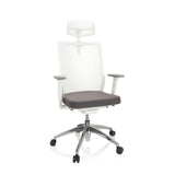 Grijs-witte Professionele bureaustoel ASPEN WHITE PRO met netrug, hoofdsteun en vijfpoot met zwenkwielen van hjh OFFICE – 360-gradenweergave (vooraanzicht 20°)