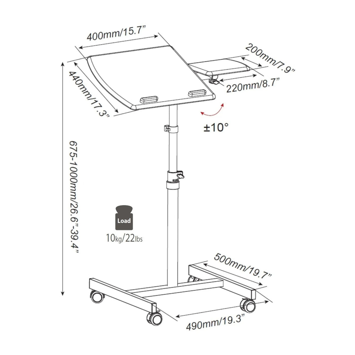 Technische tekening van het Zit- Sta bureau VM-SL met een hoogte van 675 tot 1000 mm van hjh OFFICE