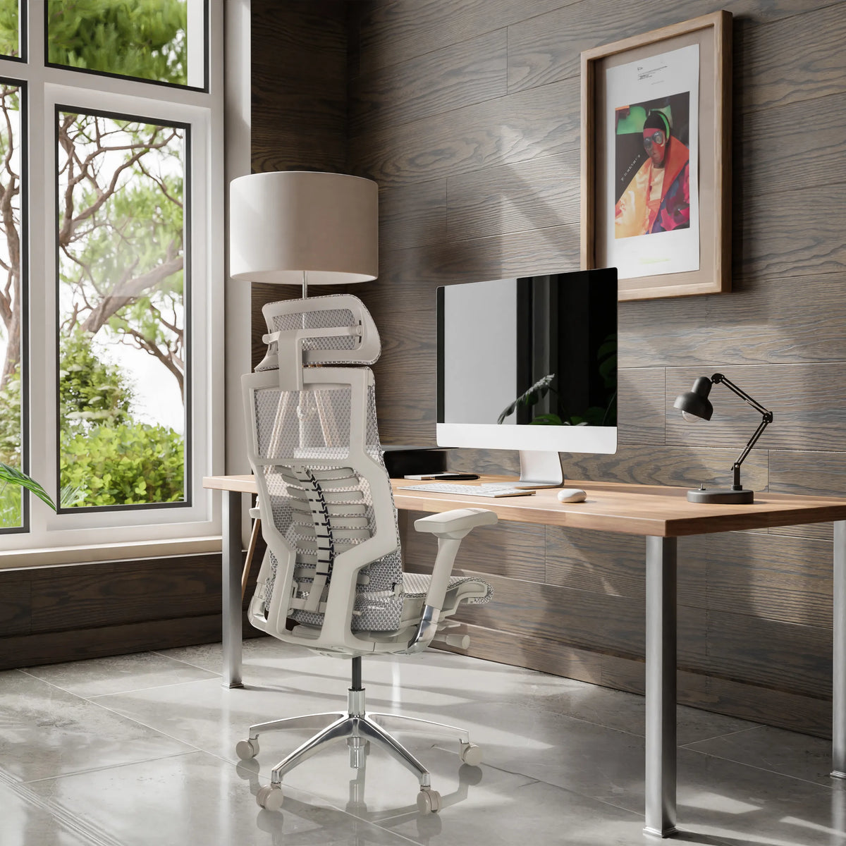 Lichtgrijze High end bureaustoel POFIT G GEN2 met netrugleuning en hoofdsteun van hjh OFFICE