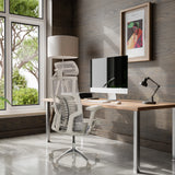 Lichtgrijze High end bureaustoel POFIT G GEN2 met netrugleuning en hoofdsteun van hjh OFFICE