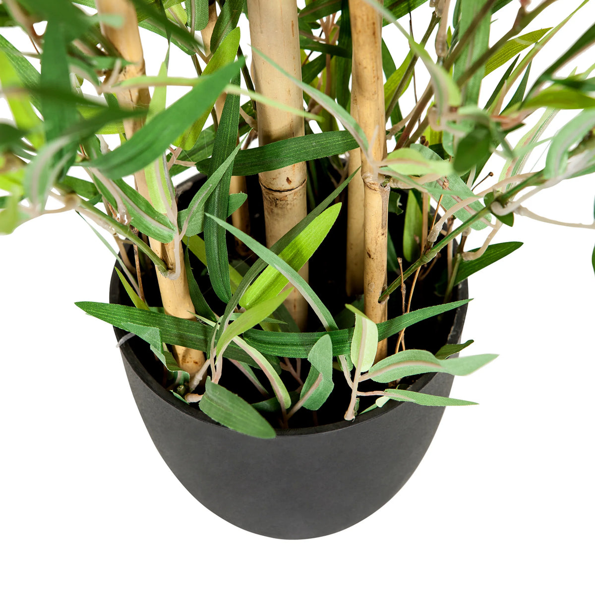Zwarte plantenpot met groene bladeren en bamboestengels van de Kunstplant MINI BAMBUS van hjh OFFICE
