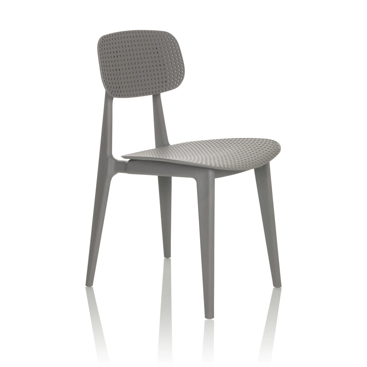 Grijze Outdoor stoel ARTIFO HOL met geperforeerde rugleuning en zitting van hjh OFFICE – 360-gradenweergave (schuin vooraanzicht 45°)