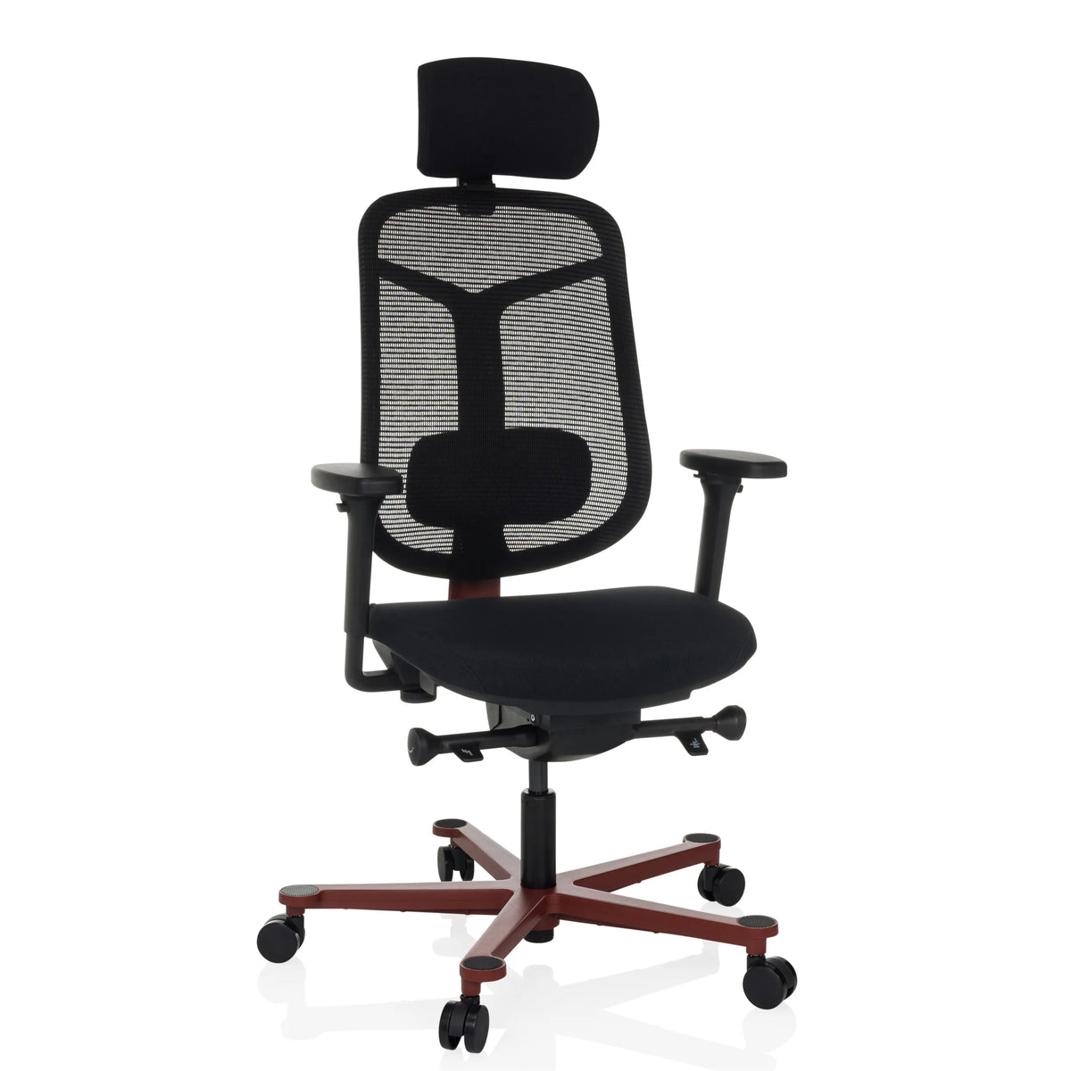 Zwarte high end bureaustoel BICOLORE HIGH met netrugleuning, hoofdsteun en rood vijfster-onderstel met wieltjes van hjh OFFICE – 360-gradenweergave (vooraanzicht 15°)