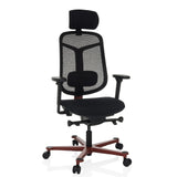 Zwarte high end bureaustoel BICOLORE HIGH met netrugleuning, hoofdsteun en rood vijfster-onderstel met wieltjes van hjh OFFICE – 360-gradenweergave (vooraanzicht 15°)