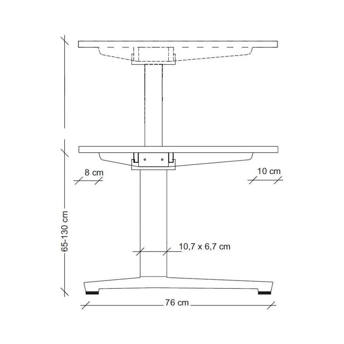 Maßzeichnung des höhenverstellbaren Schreibtischs XBHM 16 GC mit einer Höhe von 65-130 cm von hjh OFFICE PRO