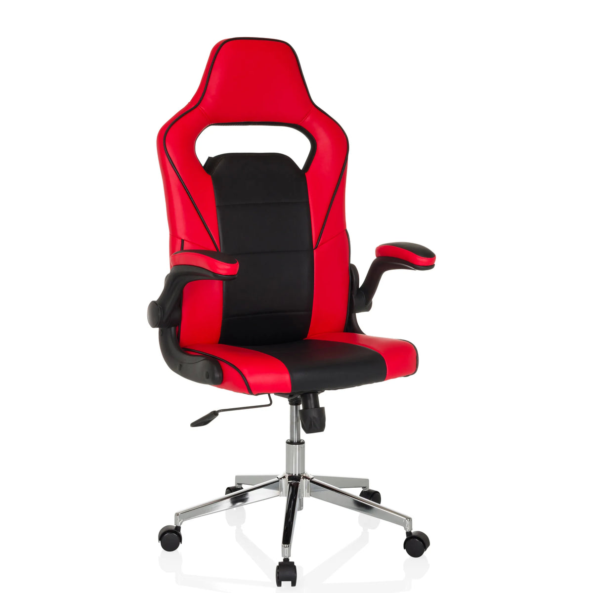 Rood-zwarte Gamestoel GAME SPORT PRO met armleuningen en vijfster-onderstel met wieltjes van MyBuero – 360-gradenweergave (vooraanzicht 15°)