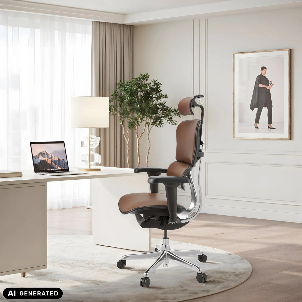 Bruine lederen luxe directiestoel ERGOHUMAN ULTRA L GEN2 in een licht kantoor van hjh OFFICE (AI-gegenereerde afbeelding)