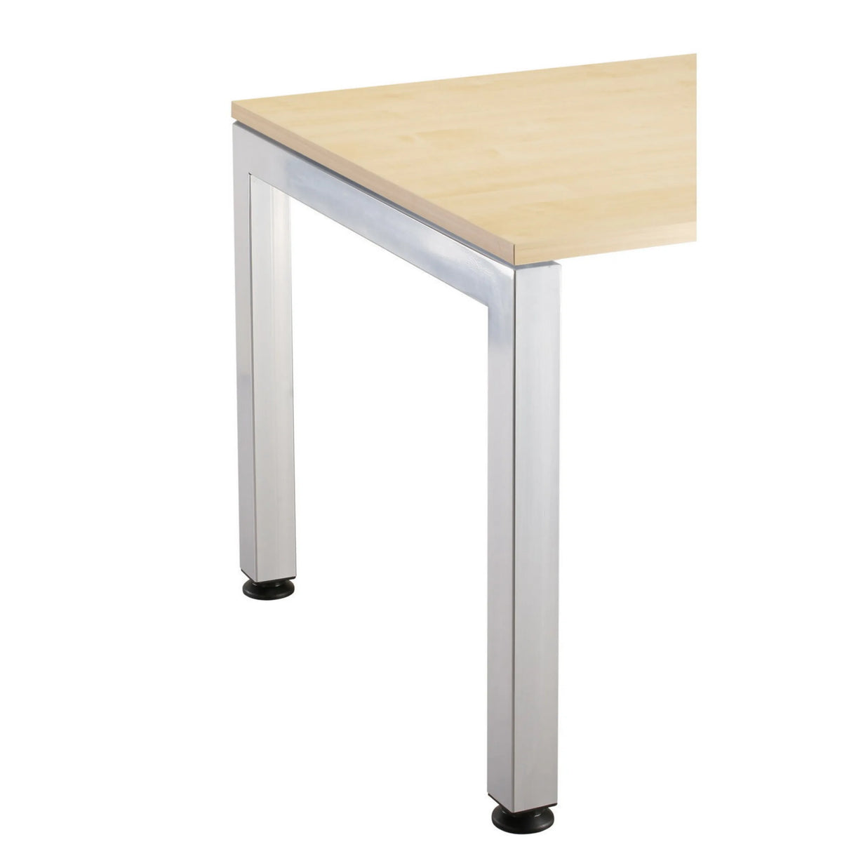 Hoek van het tafelblad in essen eiken met zilverkleurig frame van het bureau JAVA 8 S van hjh OFFICE PRO